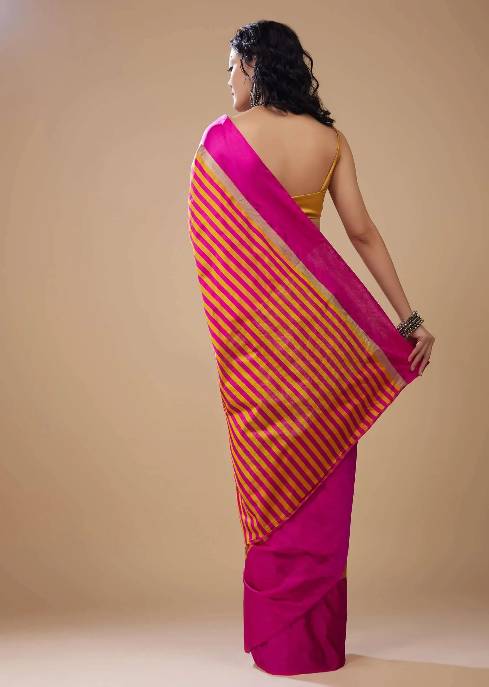 Hot Pink Satin Printed Saree With Dual Tone Stripes