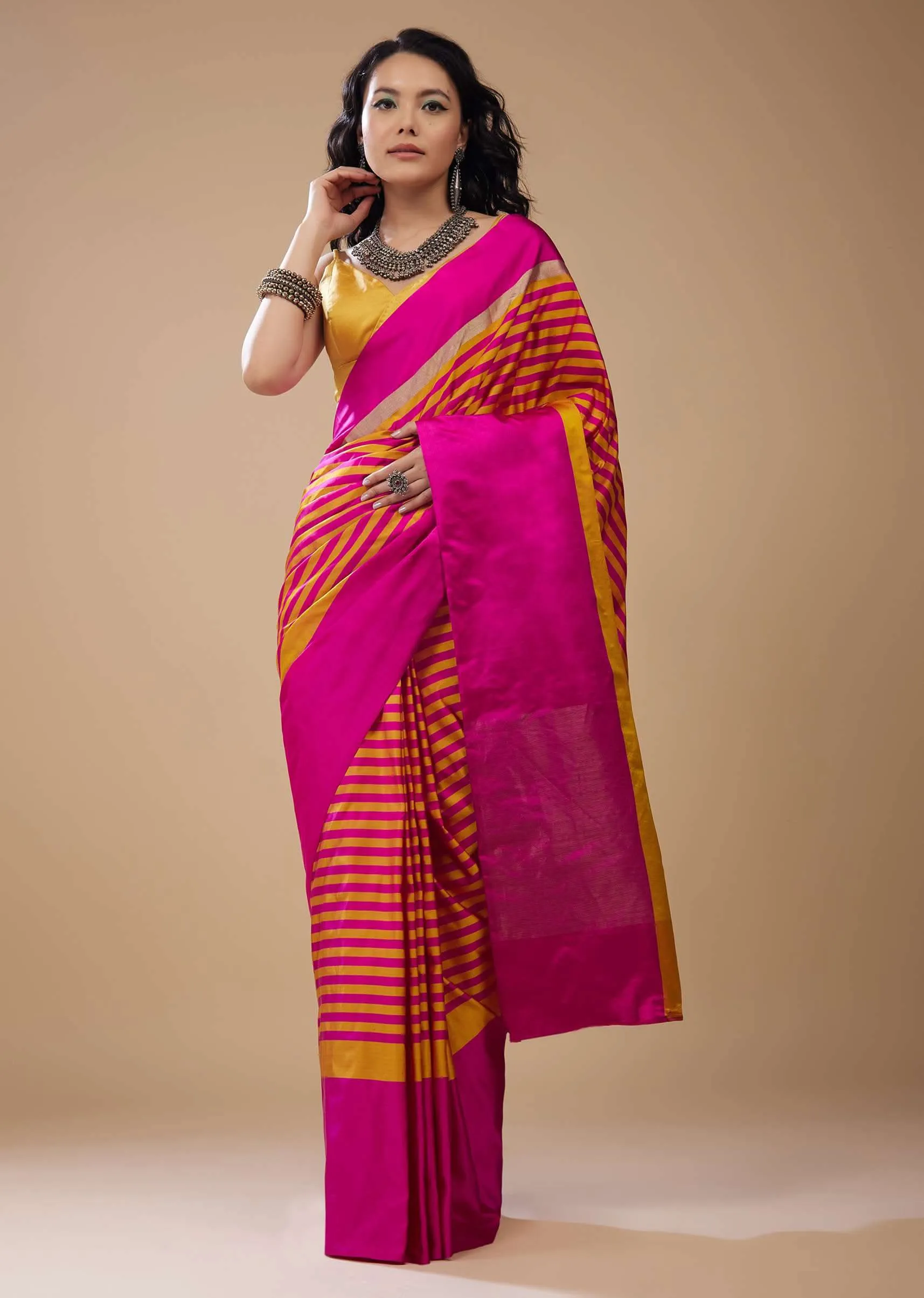 Hot Pink Satin Printed Saree With Dual Tone Stripes
