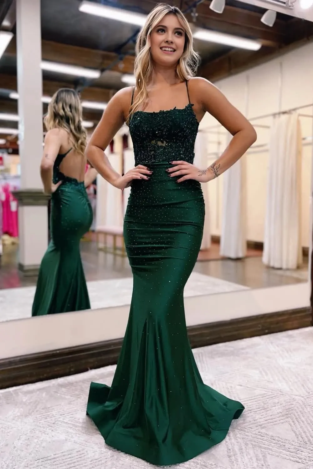 kamahe Sparkly Dark Green Beaded Long Prom Dress With Appliques Party Dresses