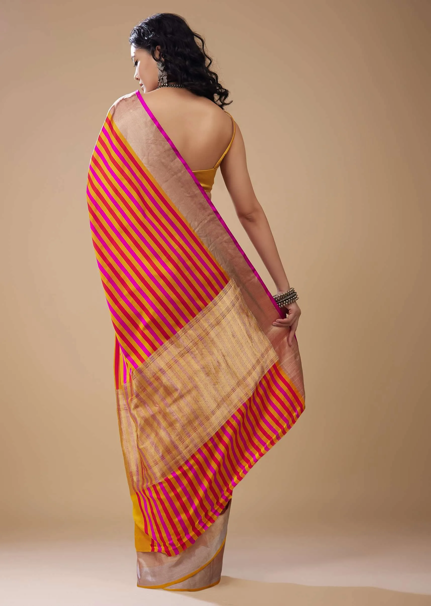 Marigold Yellow Printed Satin Saree with Red And Pink Stripes