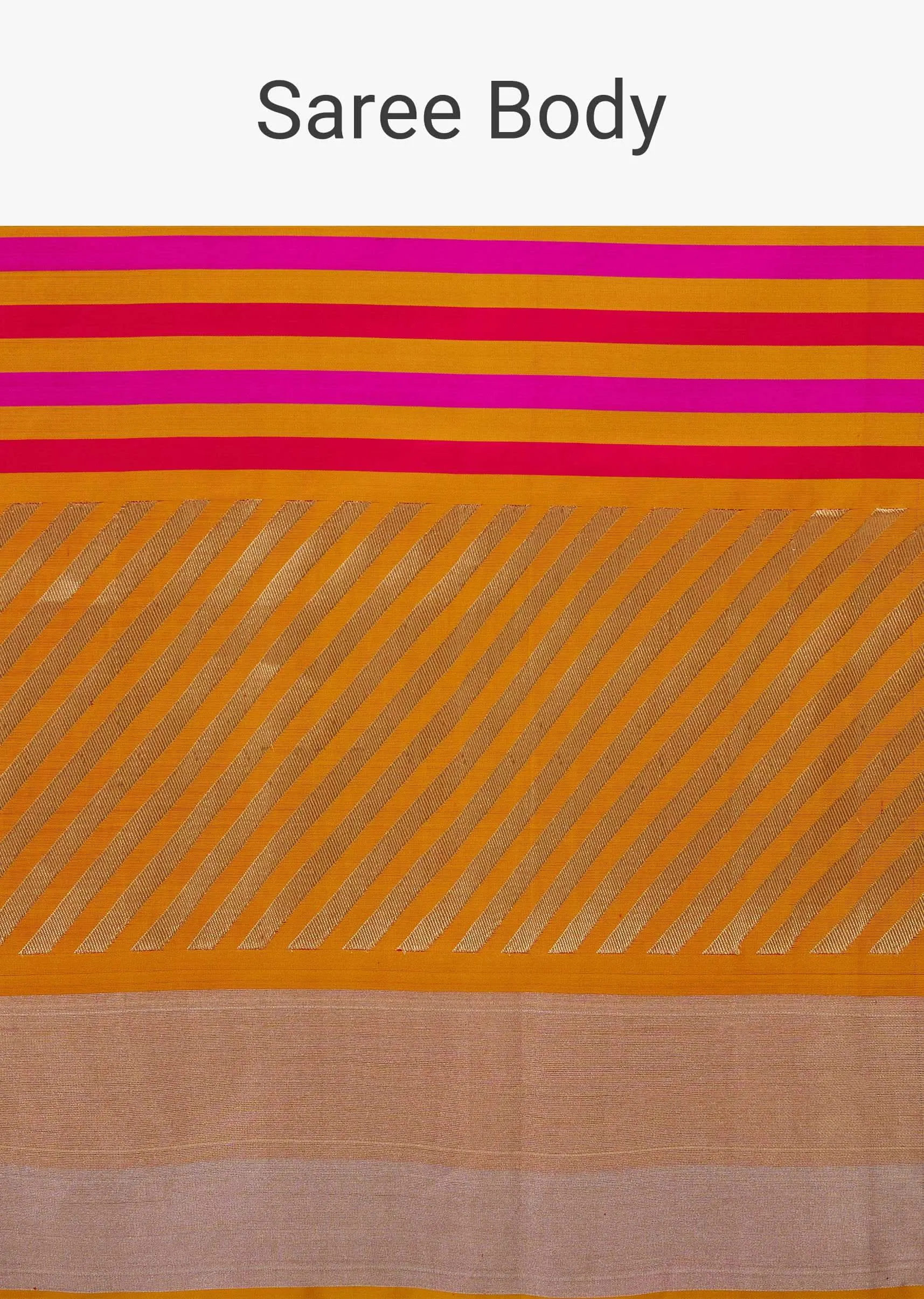 Marigold Yellow Printed Satin Saree with Red And Pink Stripes