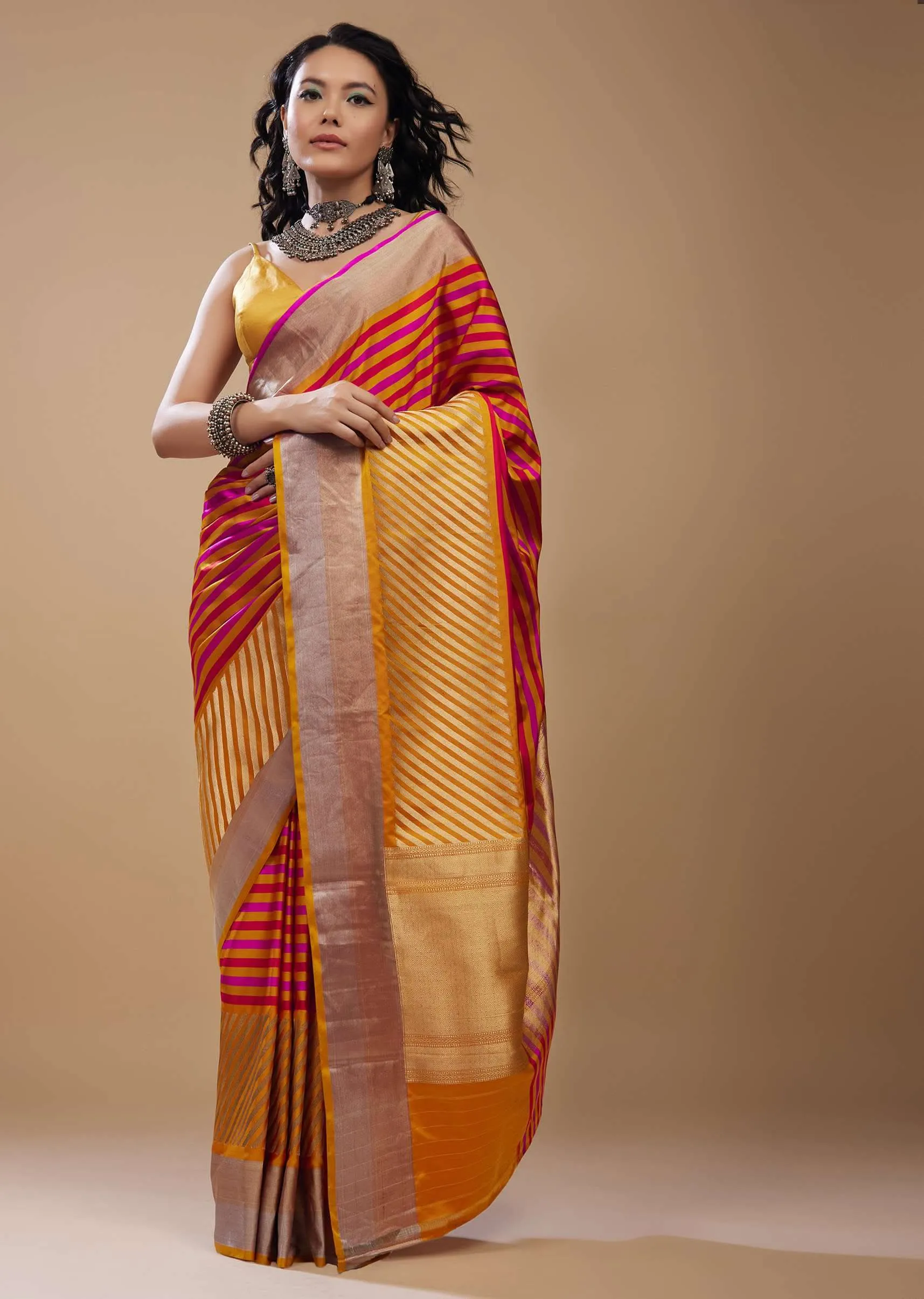Marigold Yellow Printed Satin Saree with Red And Pink Stripes