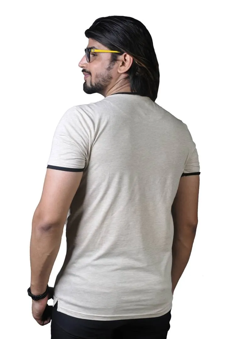 Men's Off White Cotton Self Pattern Henley Tees