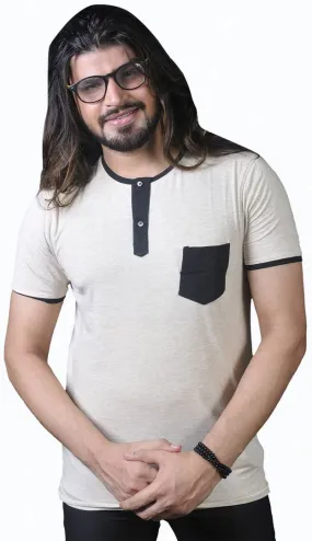 Men's Off White Cotton Self Pattern Henley Tees