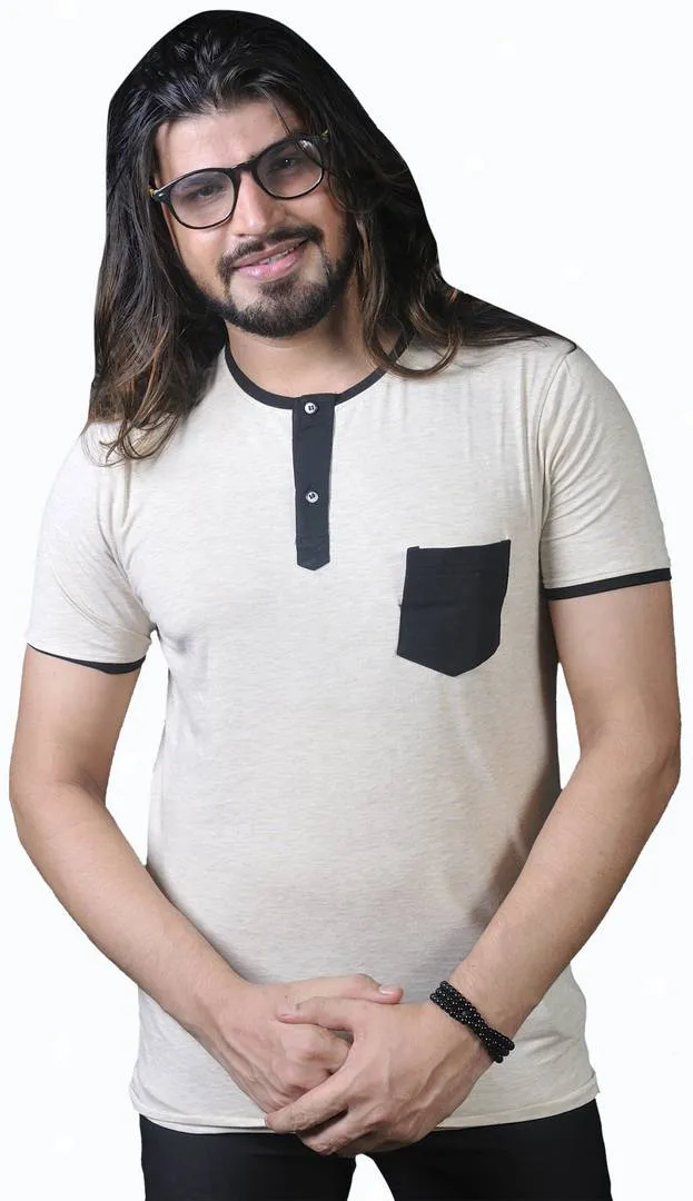 Men's Off White Cotton Self Pattern Henley Tees