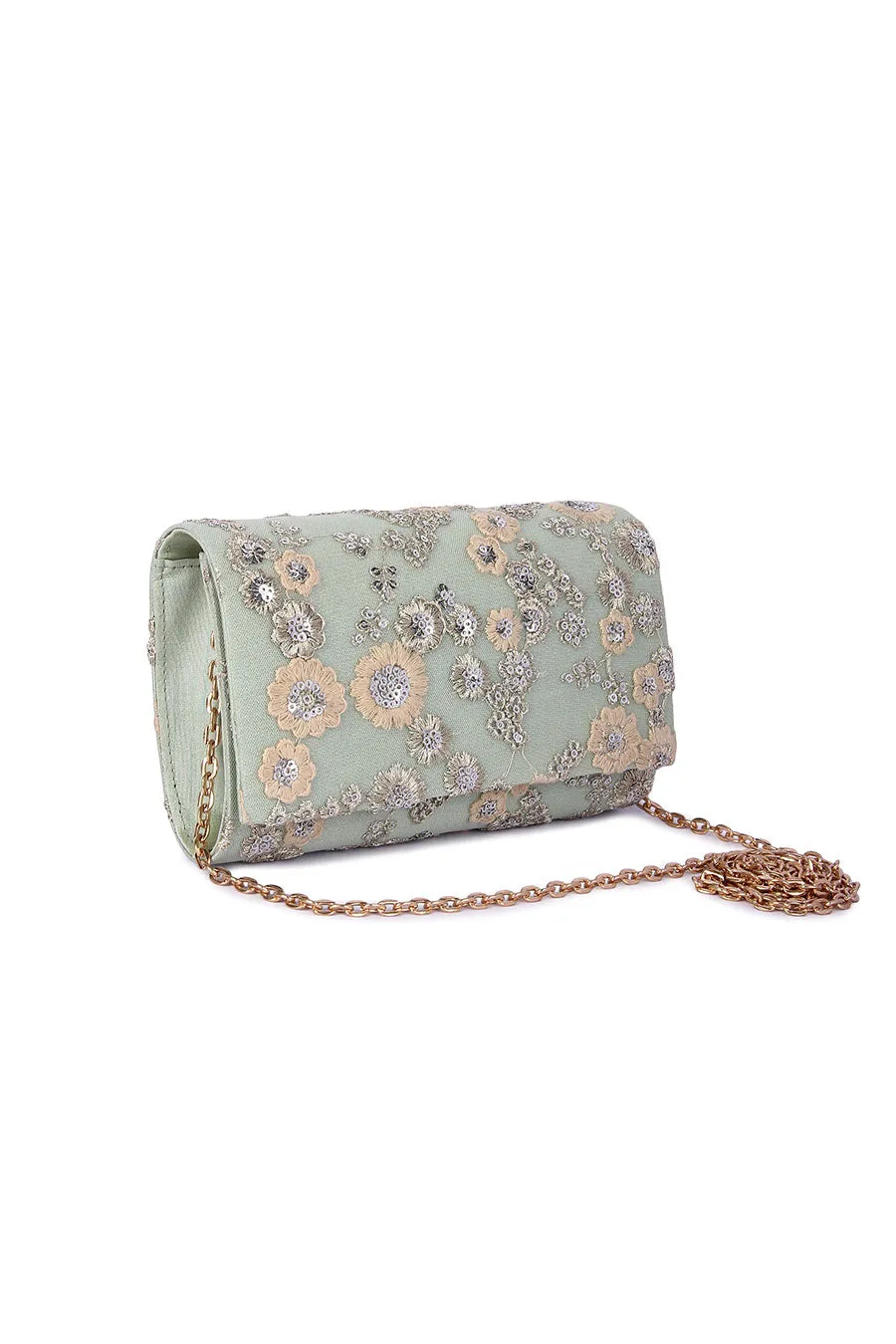 Mint Green Floral Embroidered Clutch