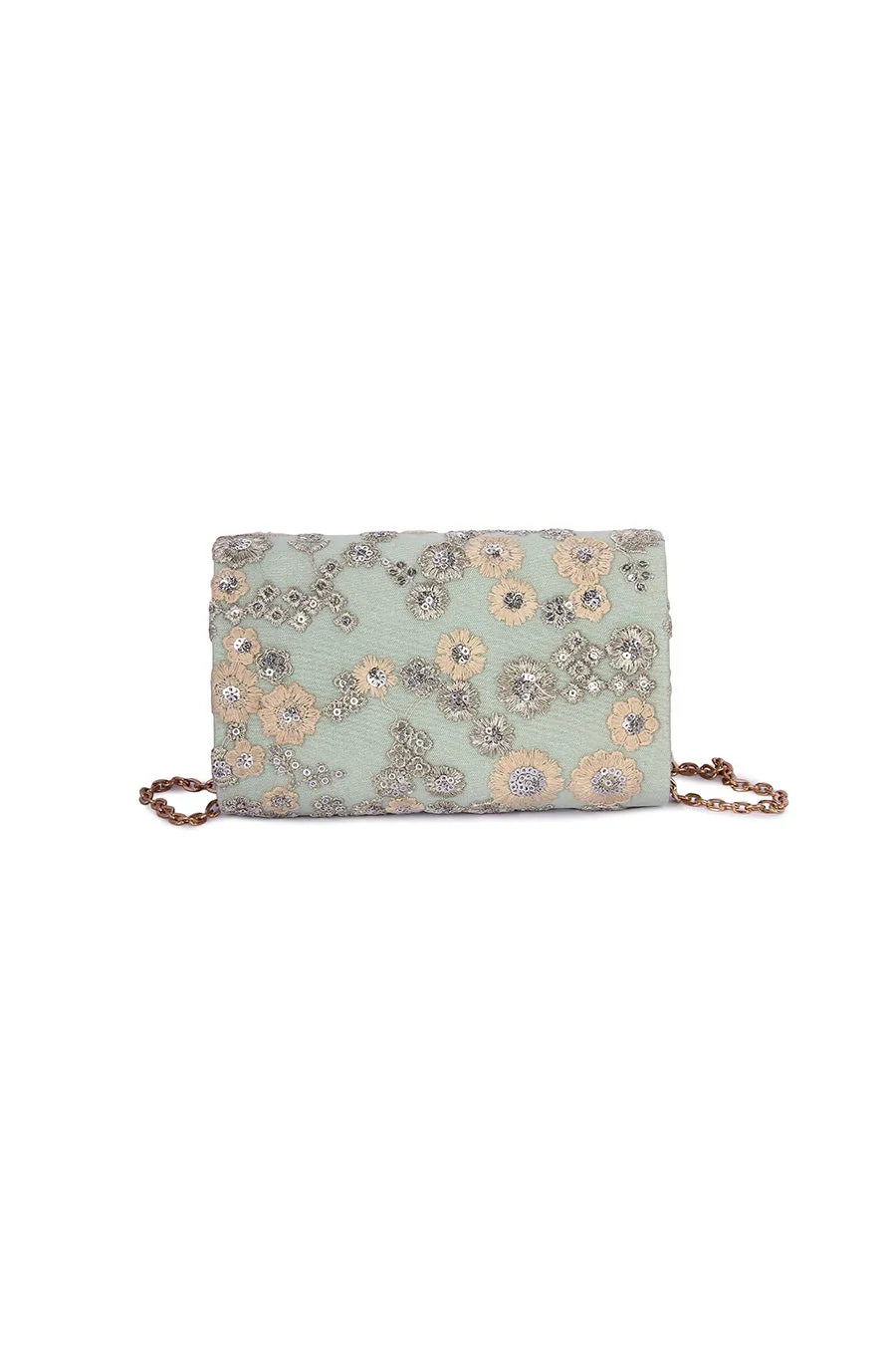 Mint Green Floral Embroidered Clutch