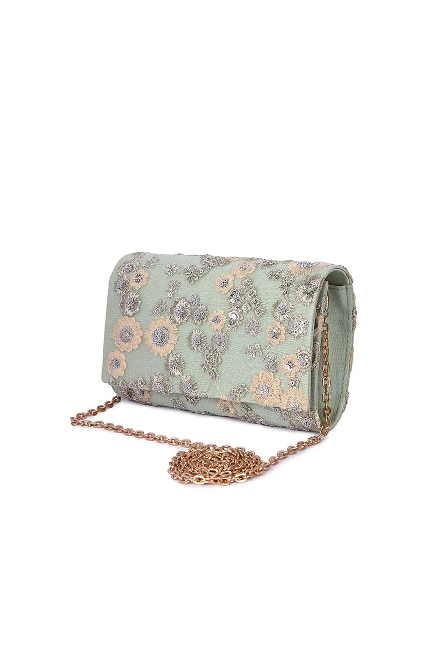 Mint Green Floral Embroidered Clutch