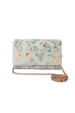 Mint Green Floral Embroidered Clutch