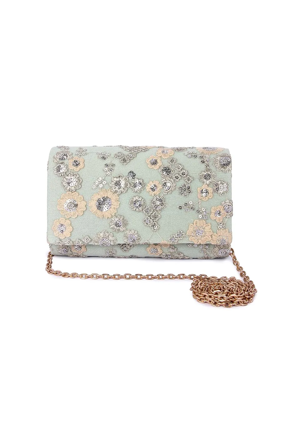 Mint Green Floral Embroidered Clutch