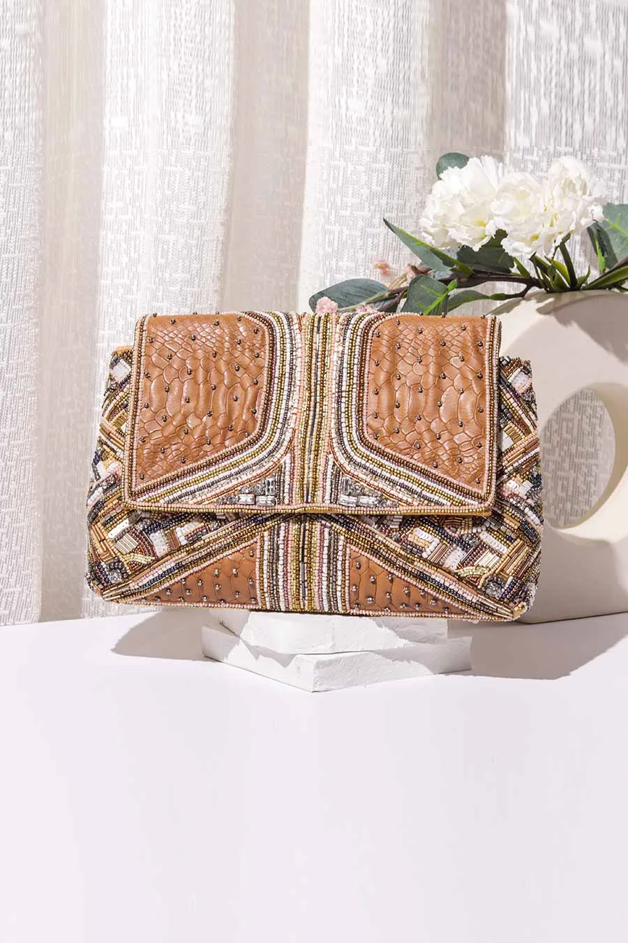 Multicolour Theiya Tan Embroidered Clutch
