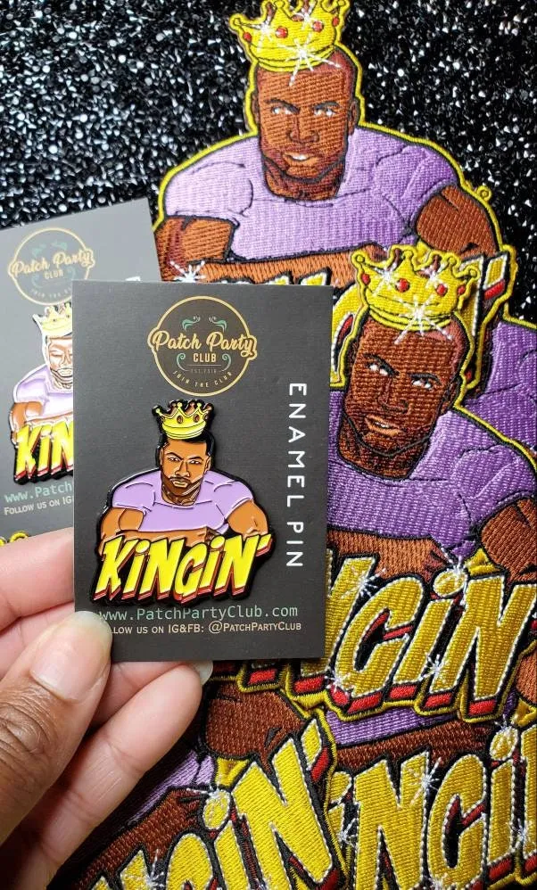Patch & Pin 2-pc Set for Men, "Kingin" Exclusive Accessories, Black King Pin, Pin Size 1.50", Patch size 5" 100% Embroidered, DIY Supplies