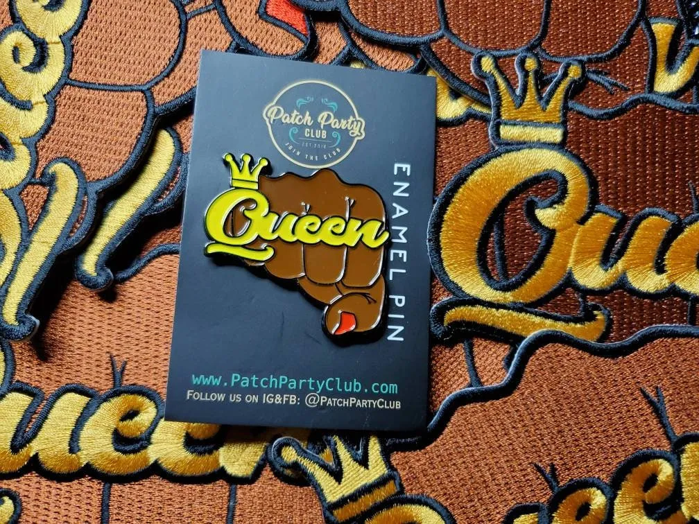 Patch & Pin Set 2-pc, Pin Feminist, "Queen Fist with  Crown" Exclusive Lapel Pin, Black Queen Fist Enamel Pin, Size 1.50" Pin and 4" Patch
