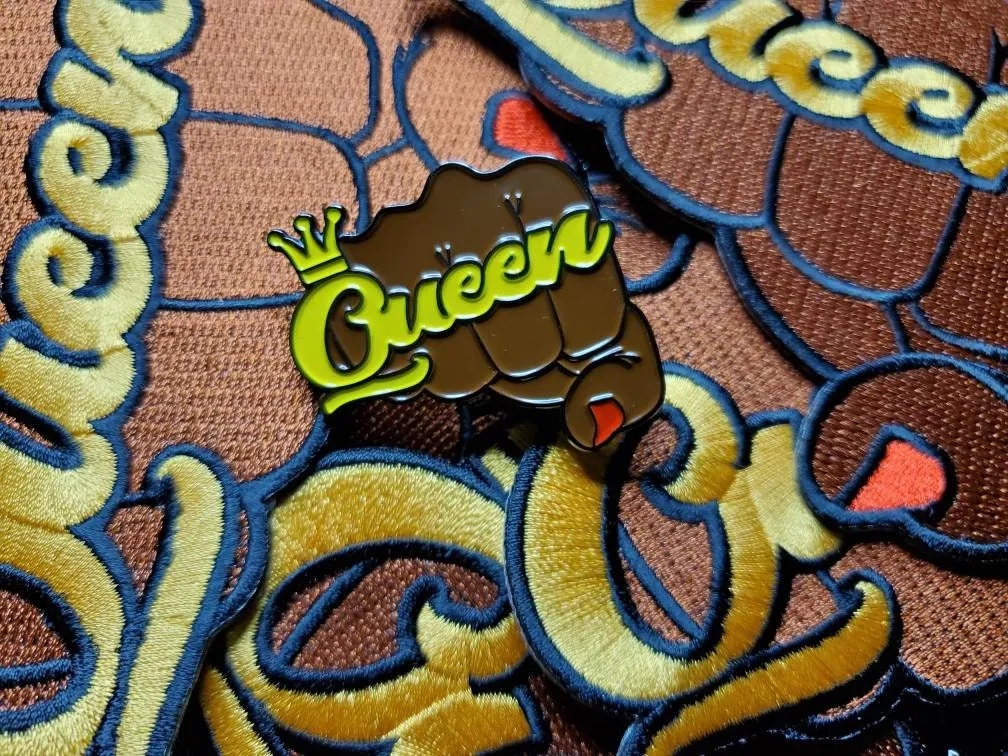 Patch & Pin Set 2-pc, Pin Feminist, "Queen Fist with  Crown" Exclusive Lapel Pin, Black Queen Fist Enamel Pin, Size 1.50" Pin and 4" Patch
