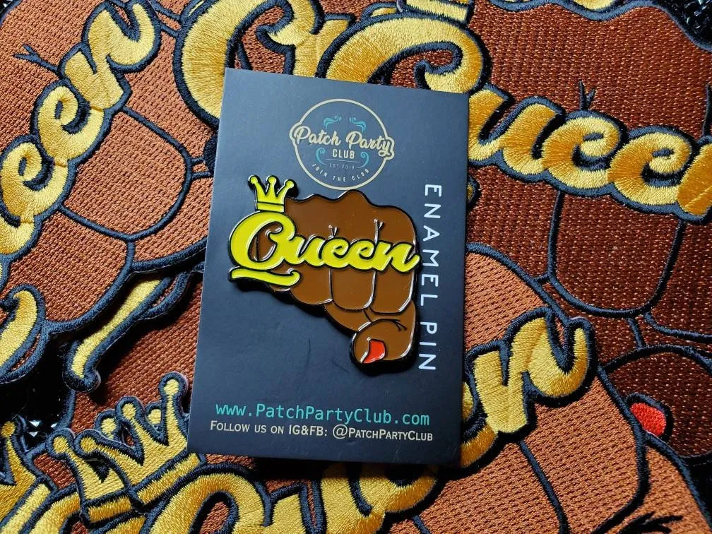 Patch & Pin Set 2-pc, Pin Feminist, "Queen Fist with  Crown" Exclusive Lapel Pin, Black Queen Fist Enamel Pin, Size 1.50" Pin and 4" Patch