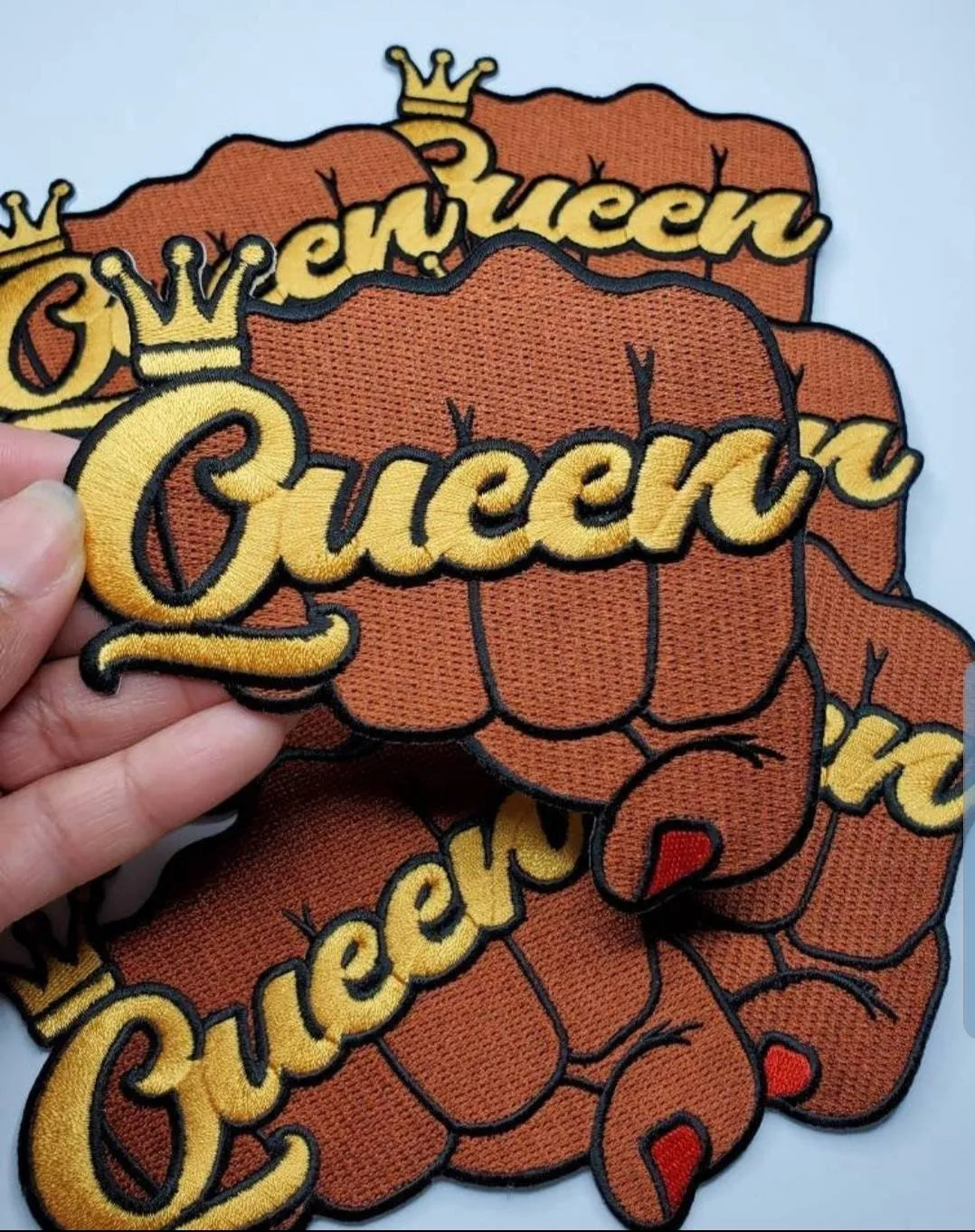 Patch & Pin Set 2-pc, Pin Feminist, "Queen Fist with  Crown" Exclusive Lapel Pin, Black Queen Fist Enamel Pin, Size 1.50" Pin and 4" Patch