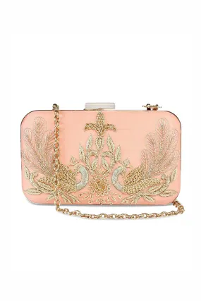 Peach Peacock Hand-Embroidered Clutch