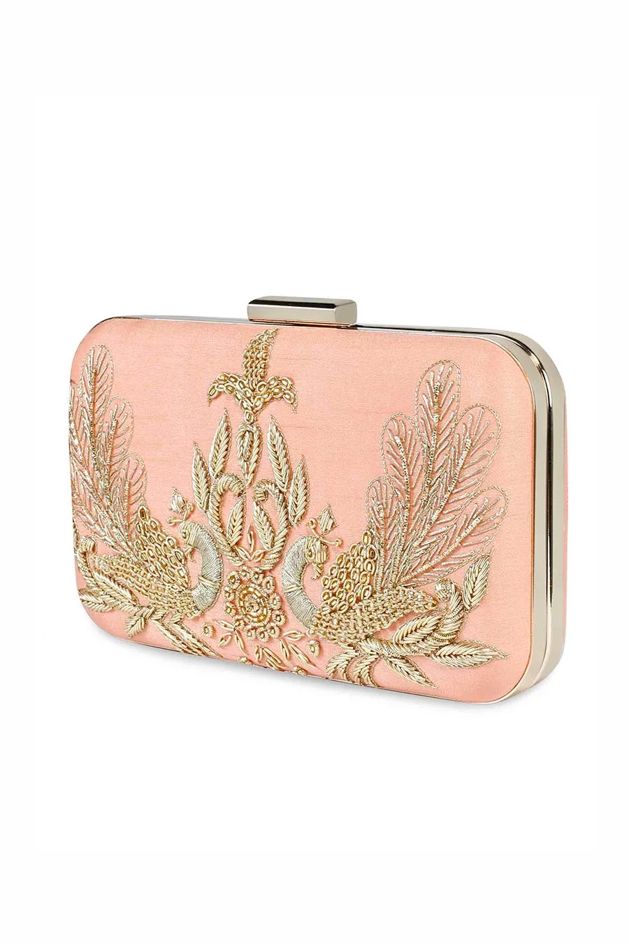 Peach Peacock Hand-Embroidered Clutch