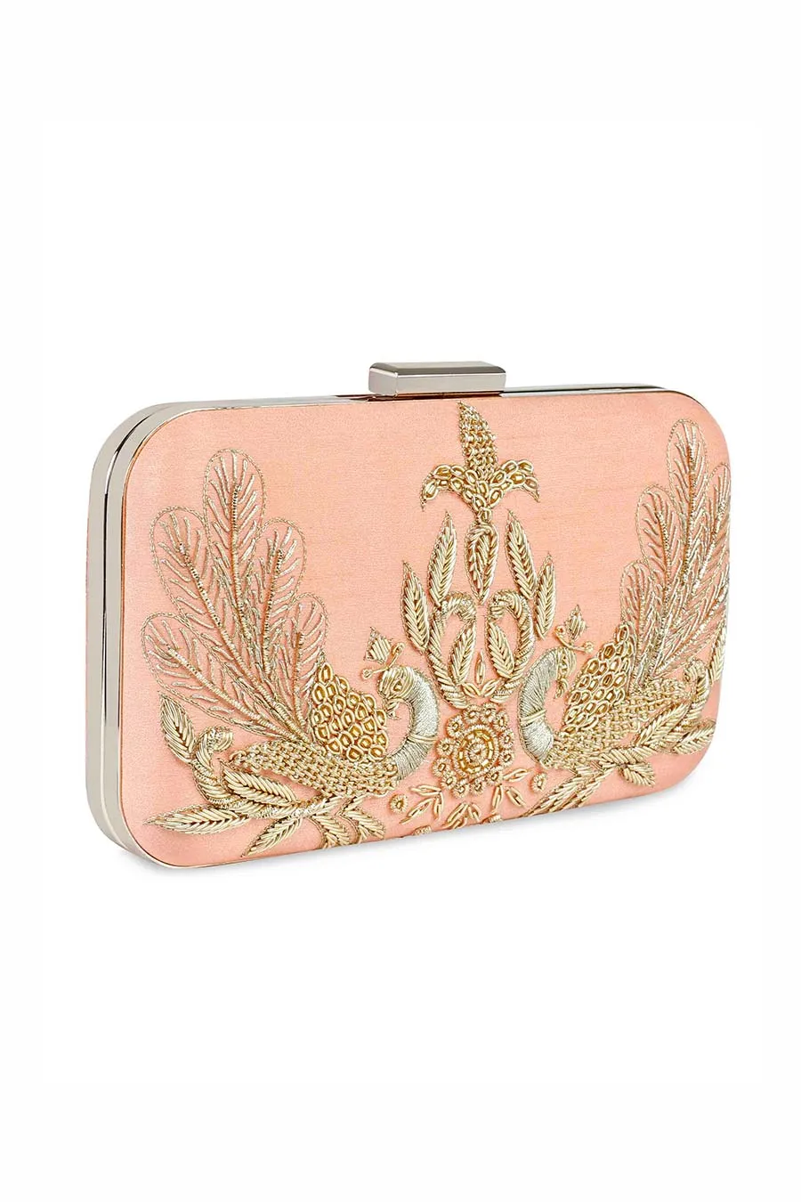Peach Peacock Hand-Embroidered Clutch