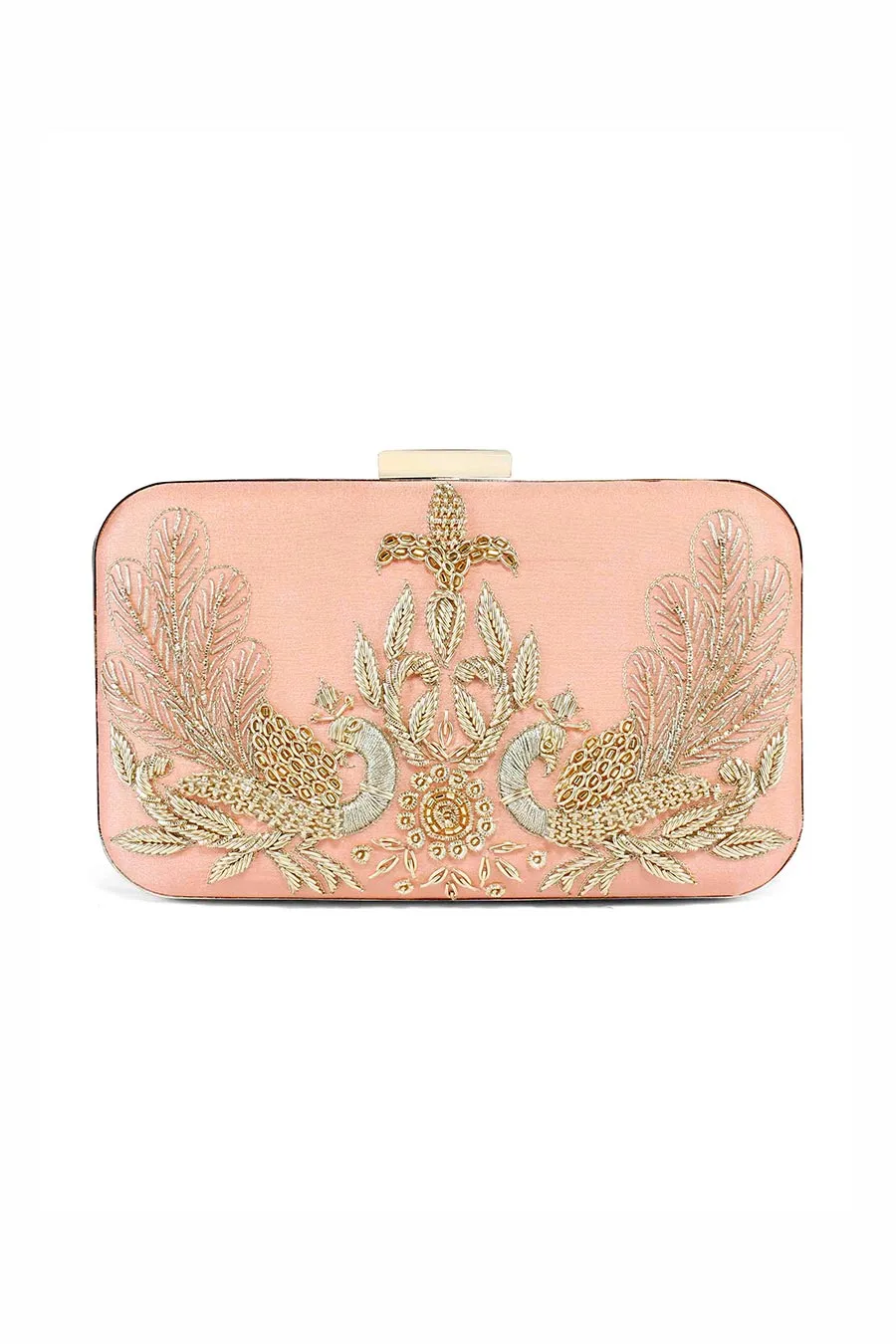 Peach Peacock Hand-Embroidered Clutch