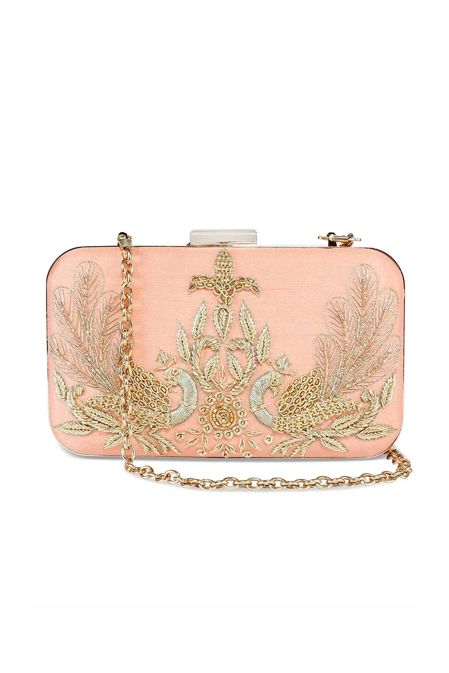 Peach Peacock Hand-Embroidered Clutch