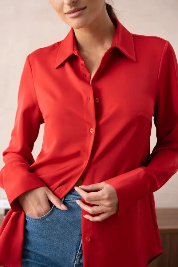 Plain Satin Shirt with Lapel Collar Red
