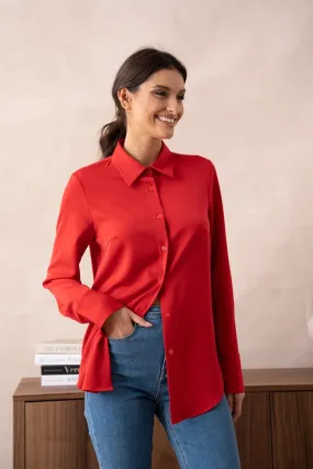 Plain Satin Shirt with Lapel Collar Red