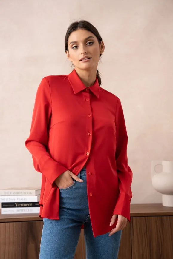 Plain Satin Shirt with Lapel Collar Red