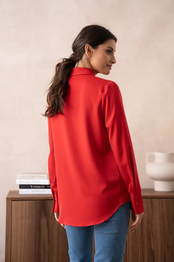 Plain Satin Shirt with Lapel Collar Red