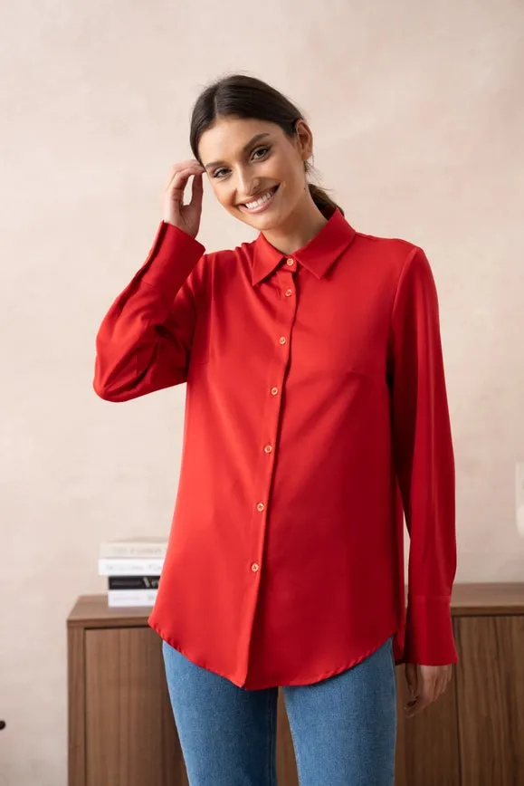 Plain Satin Shirt with Lapel Collar Red