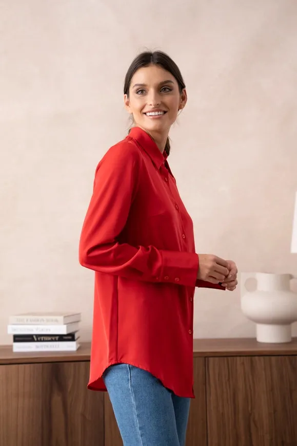 Plain Satin Shirt with Lapel Collar Red