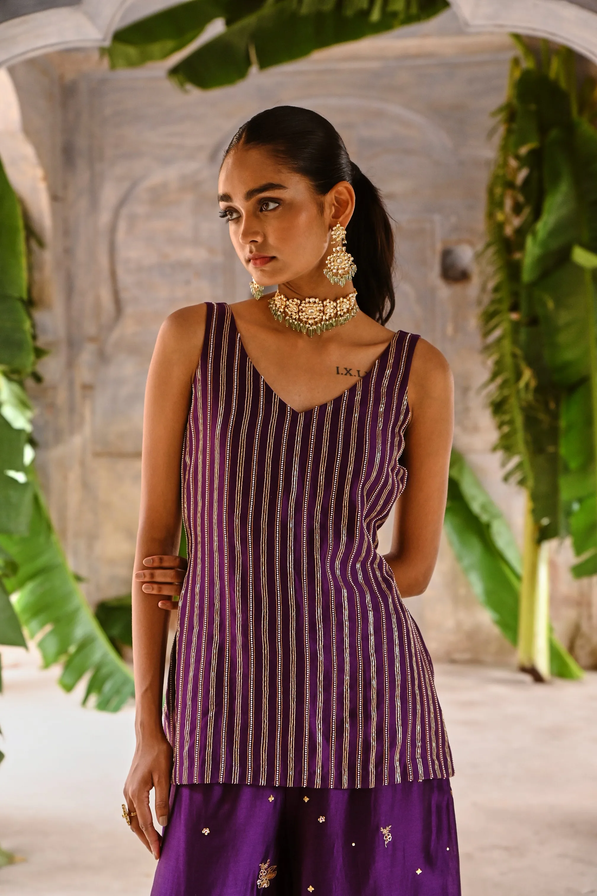 Purple Short Kurta with Sharara
