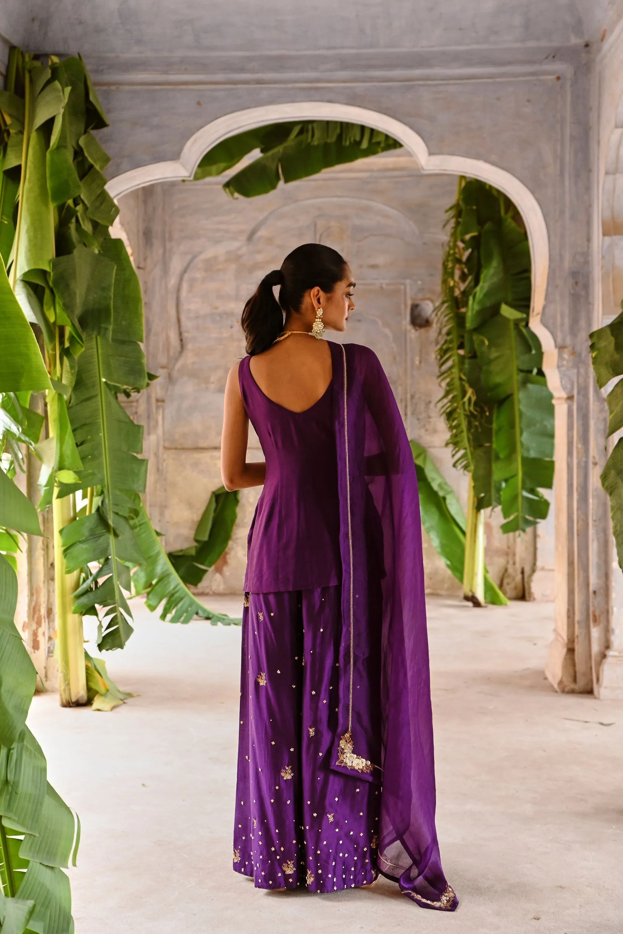 Purple Short Kurta with Sharara