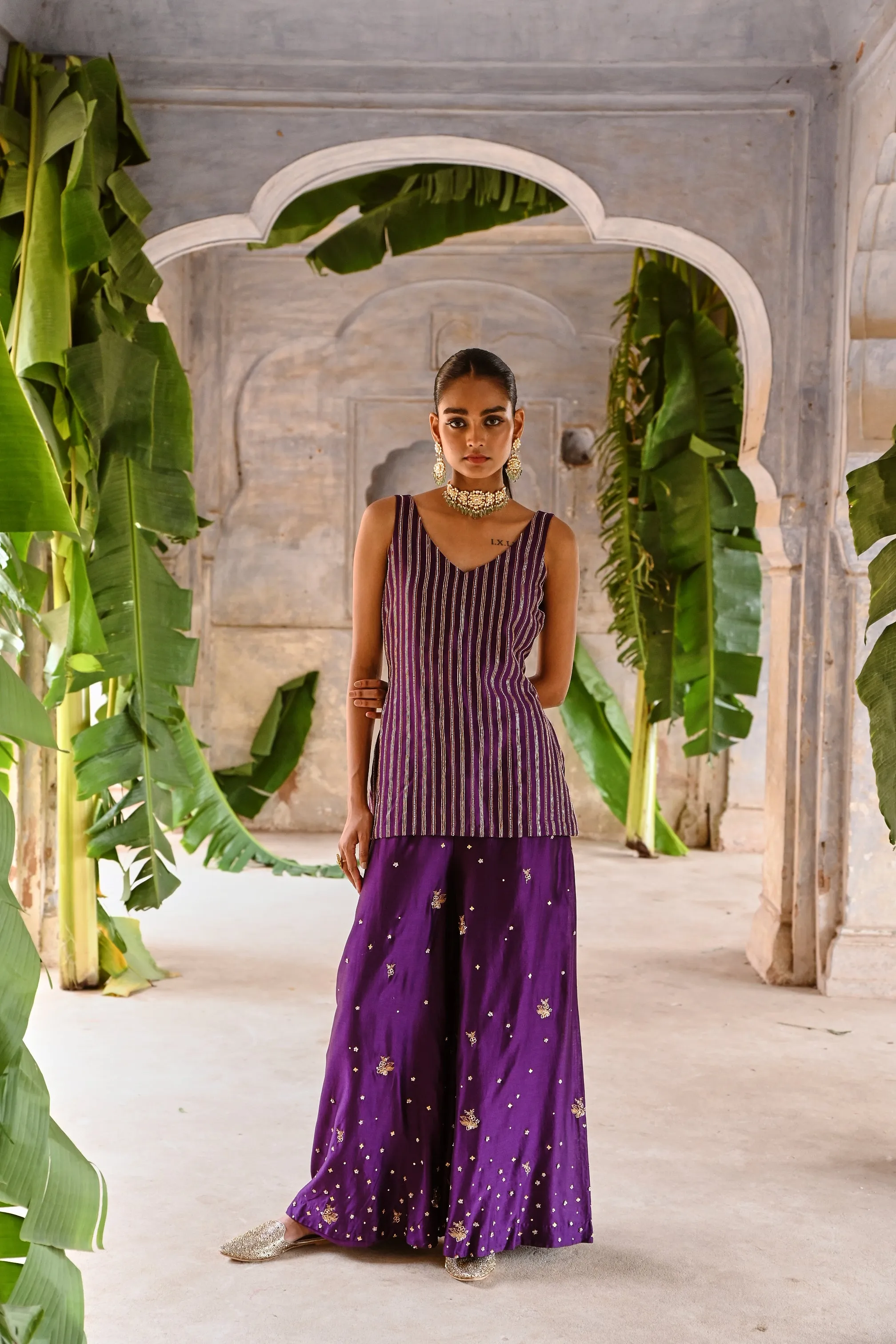 Purple Short Kurta with Sharara