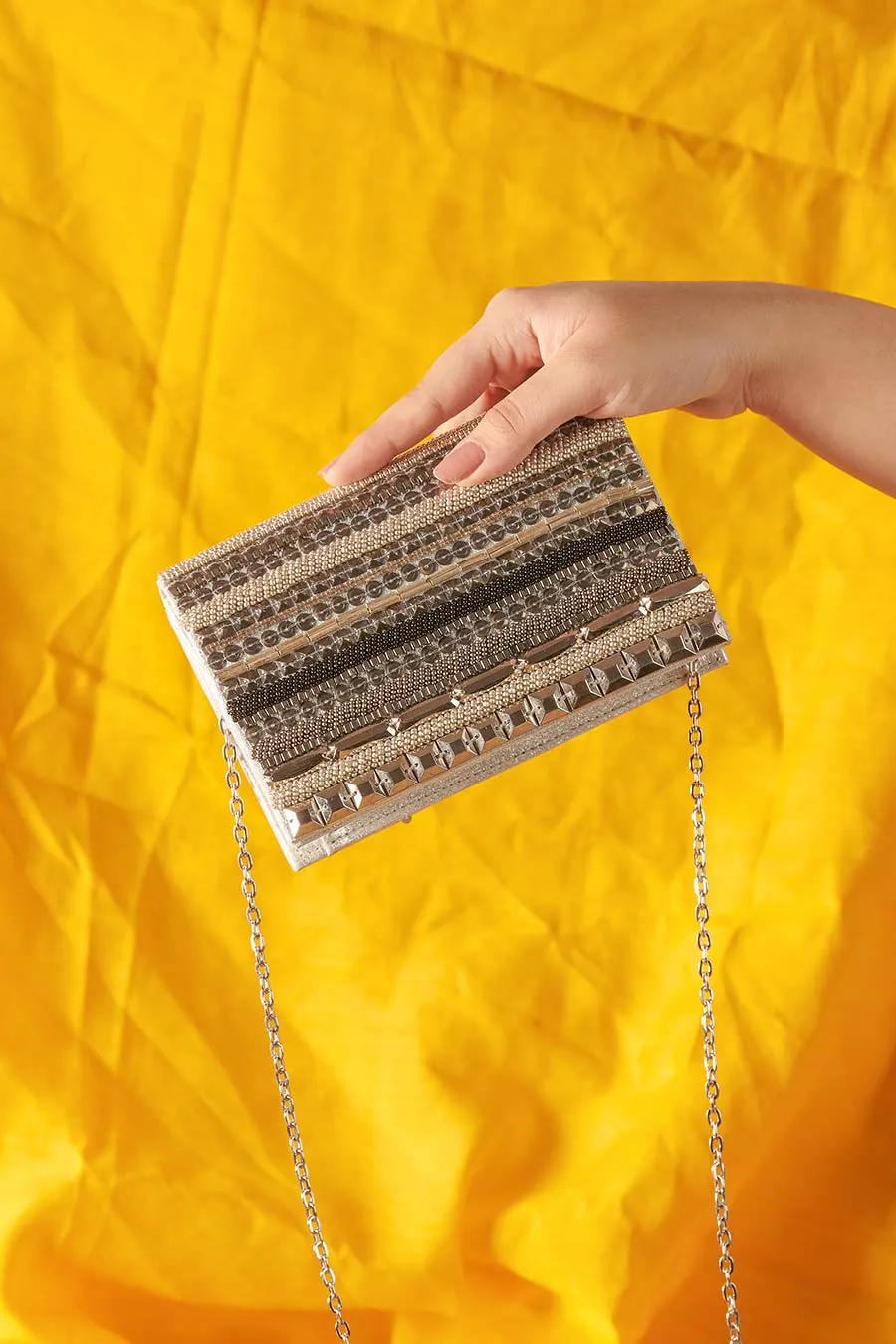Silver Sequcee Hand-Embroidered Clutch