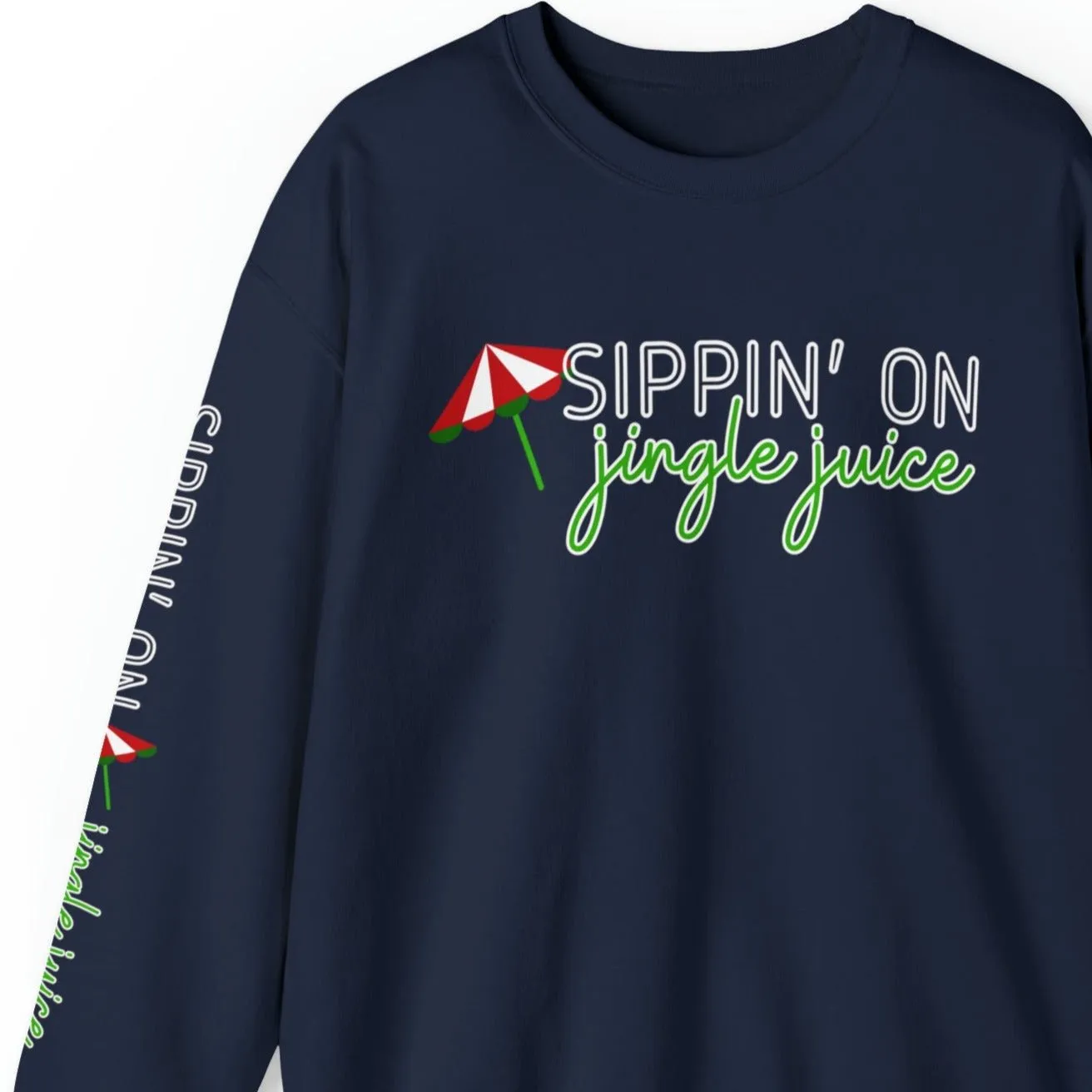 Sippin' on Jingle Juice Women's Sweatshirt: Festive Umbrella & Arm Detail