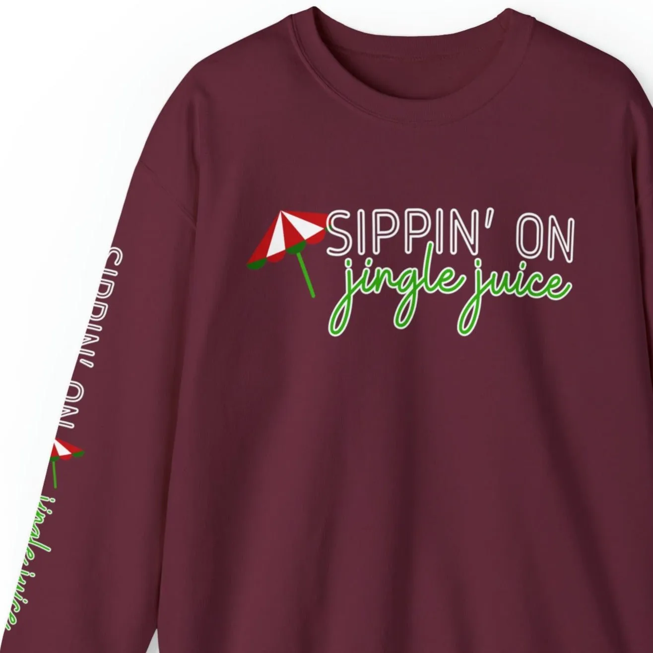 Sippin' on Jingle Juice Women's Sweatshirt: Festive Umbrella & Arm Detail