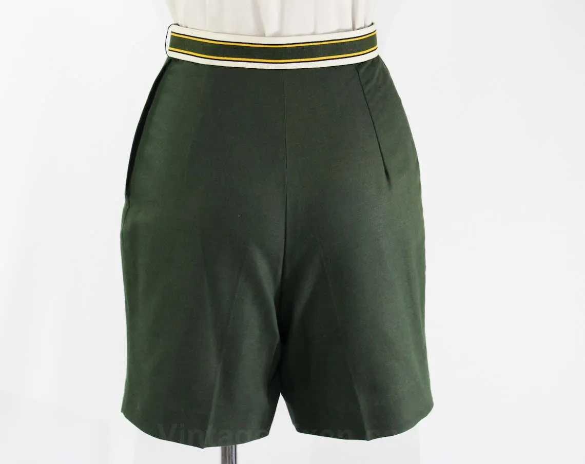 Size 0 Shorts - 1950s Sage Green Cotton Short - XXS 50s Tailored Summer Separates - Original Preppy Striped Belt - NWT Deadstock - Waist 23