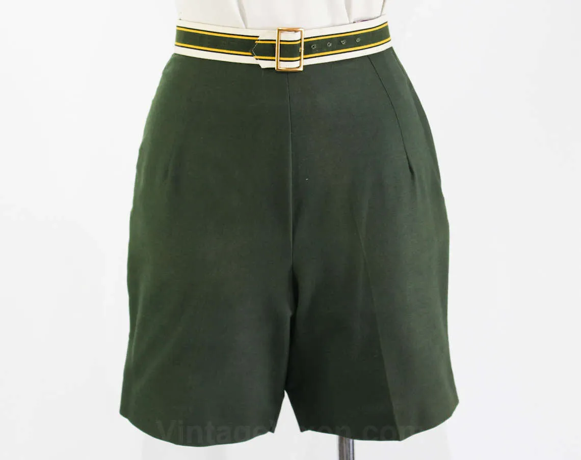 Size 0 Shorts - 1950s Sage Green Cotton Short - XXS 50s Tailored Summer Separates - Original Preppy Striped Belt - NWT Deadstock - Waist 23