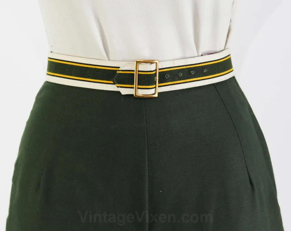 Size 0 Shorts - 1950s Sage Green Cotton Short - XXS 50s Tailored Summer Separates - Original Preppy Striped Belt - NWT Deadstock - Waist 23