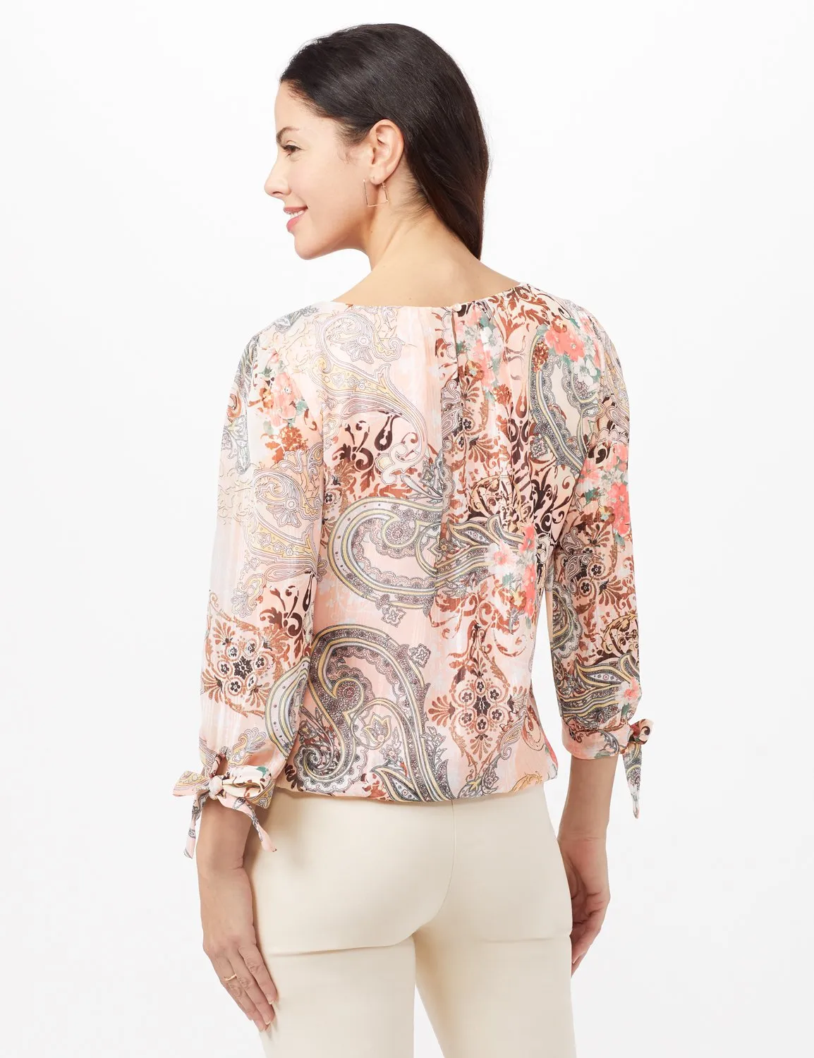Tie Sleeve Lurex Bubble Hem Blouse