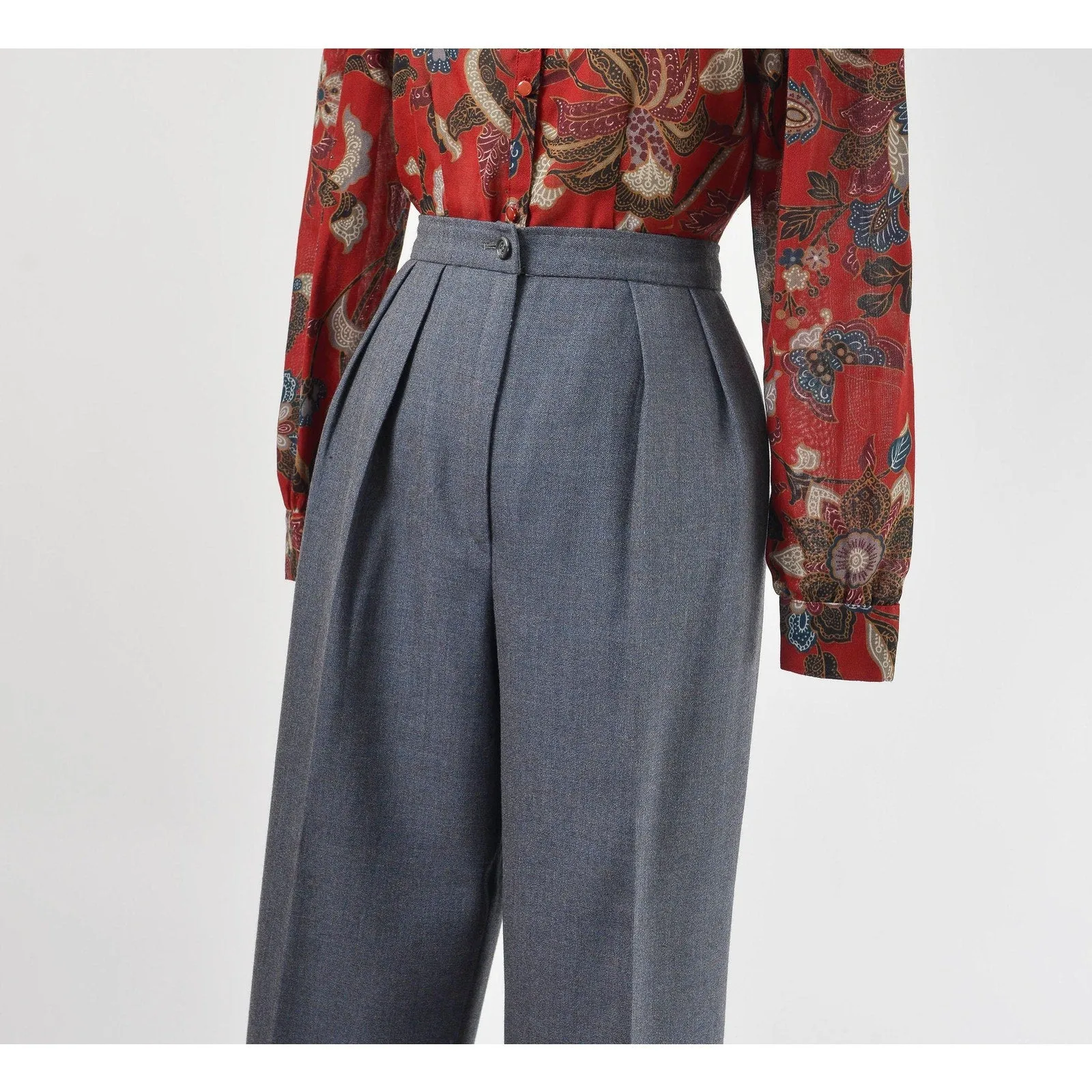 Vintage 80s Ungaro Paris Wool Pants Blue Gray High Waisted Pleated Front Trousers size Medium