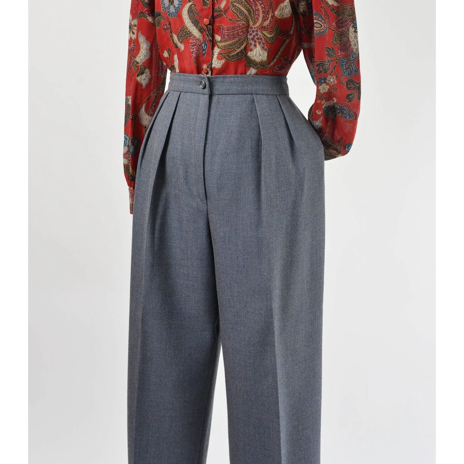 Vintage 80s Ungaro Paris Wool Pants Blue Gray High Waisted Pleated Front Trousers size Medium