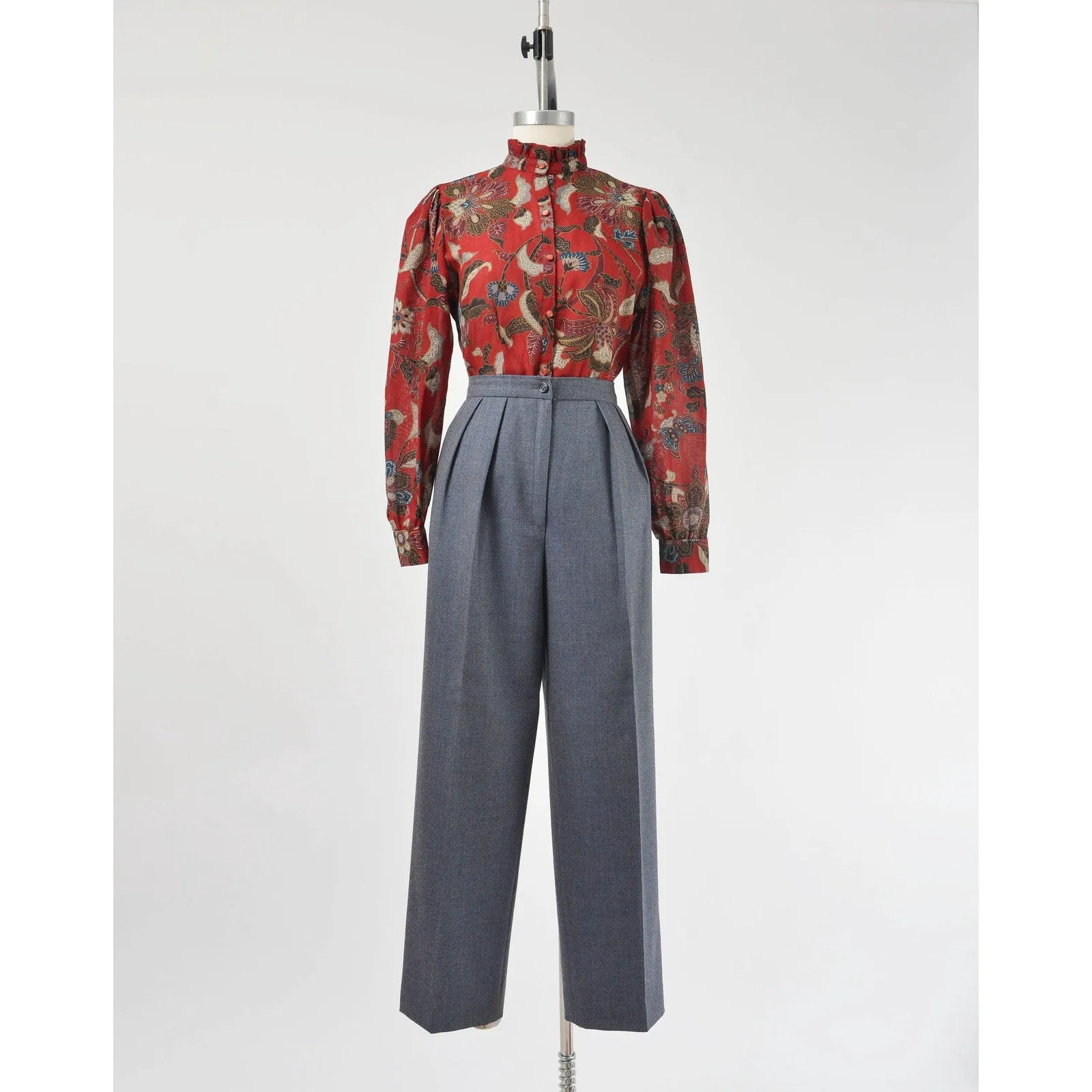 Vintage 80s Ungaro Paris Wool Pants Blue Gray High Waisted Pleated Front Trousers size Medium