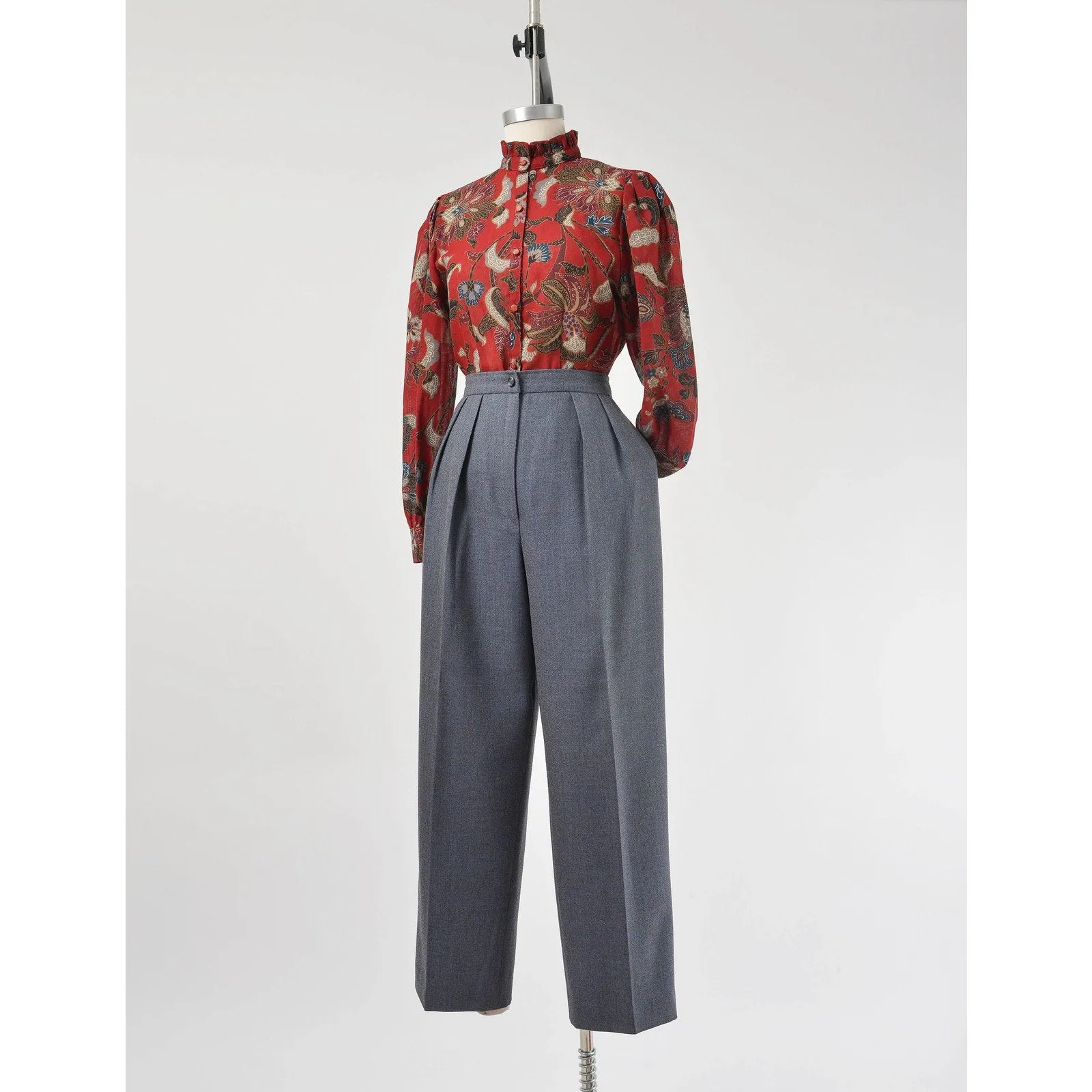 Vintage 80s Ungaro Paris Wool Pants Blue Gray High Waisted Pleated Front Trousers size Medium