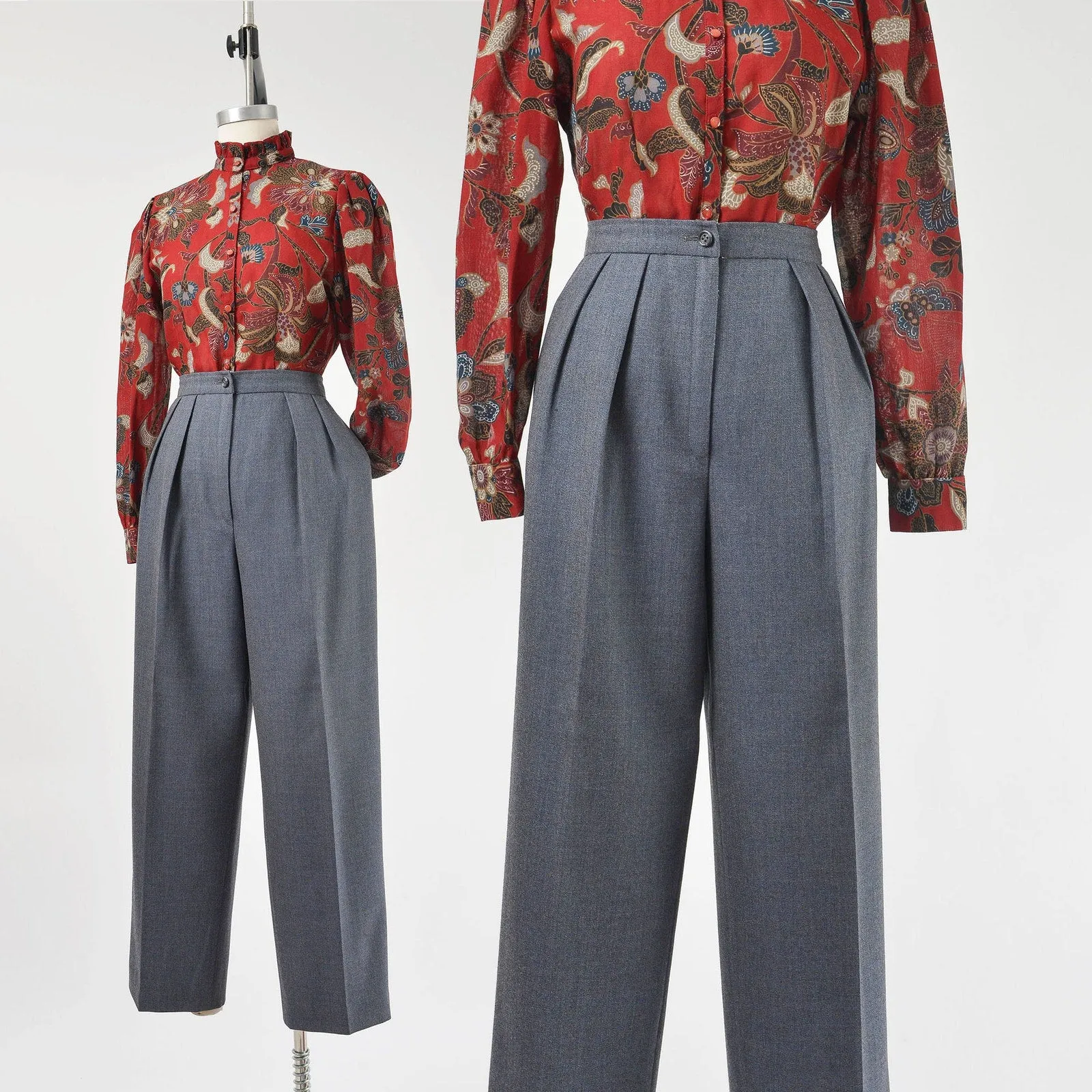 Vintage 80s Ungaro Paris Wool Pants Blue Gray High Waisted Pleated Front Trousers size Medium