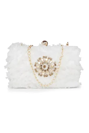 White Fluffy Embroidered Clutch