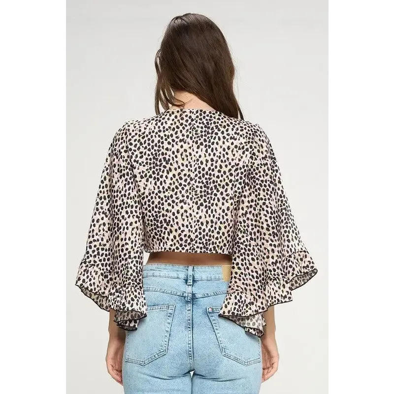 Wide ruffle sleeves tie crop cardigan leopard