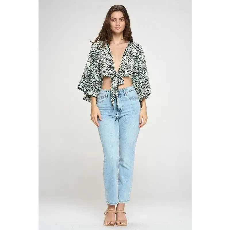 Wide ruffle sleeves tie crop cardigan leopard