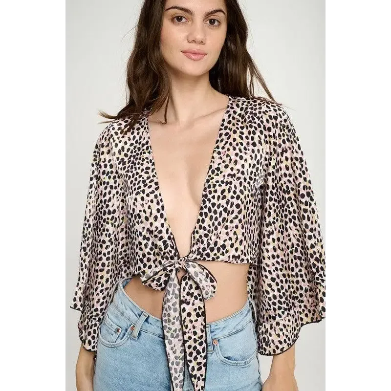 Wide ruffle sleeves tie crop cardigan leopard